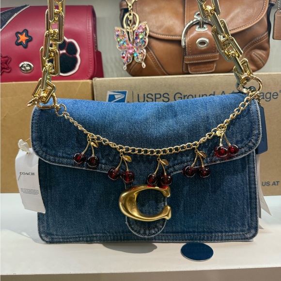 Coach Handbags - Coach Blue Denim Tabby Small 2way Bag with Gold Chain and Red Cherry Charms